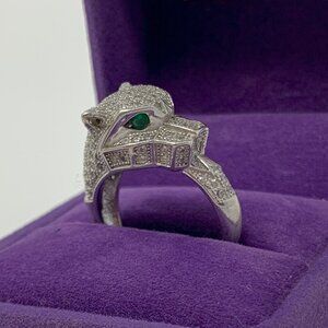 Effy Panther Statement Ring Sterling Silver 925 Pave Diamonds and Tsavorite Eyes